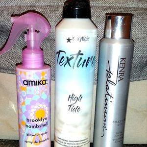 Amika bombshell blowout spray, kenra platinum silkening mist, sexyhair high tide